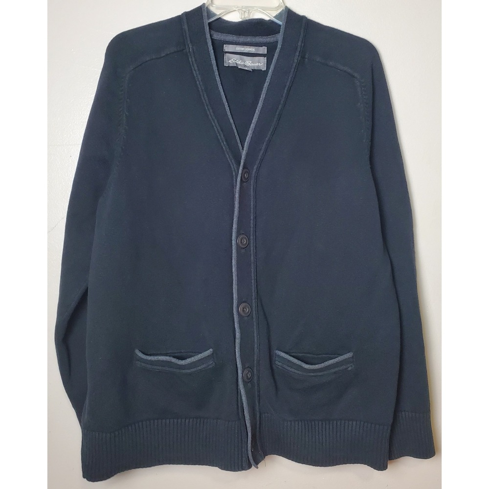 Eddie Bauer Cotton Cashmere Cardigan Sweater Black Large Slip Pocket Grandpacore